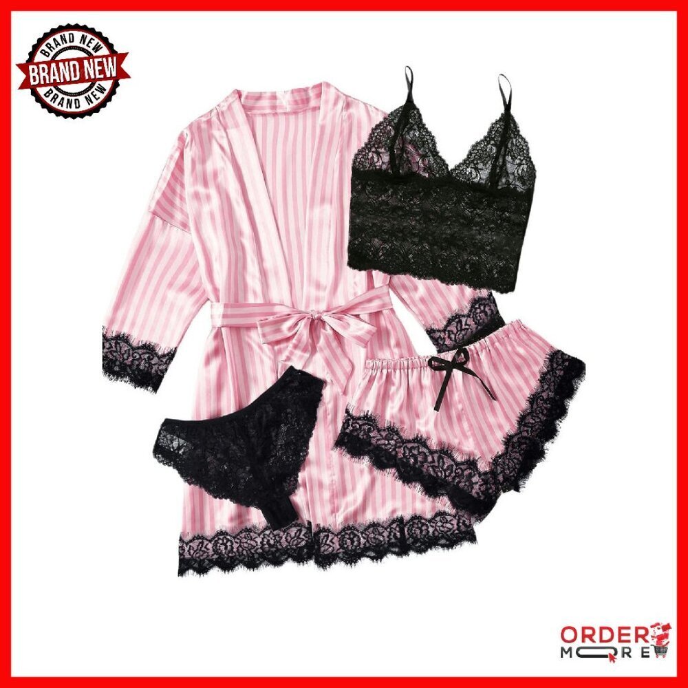 4 Piece Lace Pajama Set with Robe & Shorts - Sheer Lingerie Loungewear